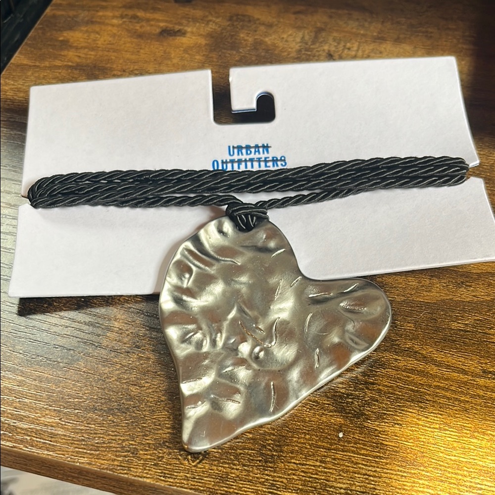 Urban Outfitters Large Silver Heart Pendant Necklace on Black Cord
